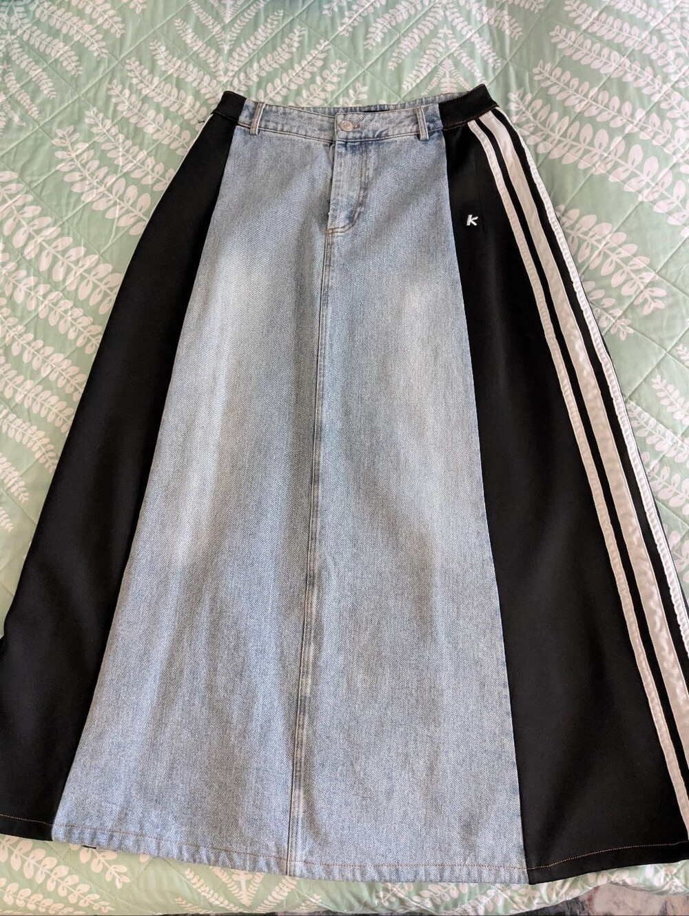 NWOT AKIRA Light Blue Denim & Black Panel A-Line Skirt with White Stripe